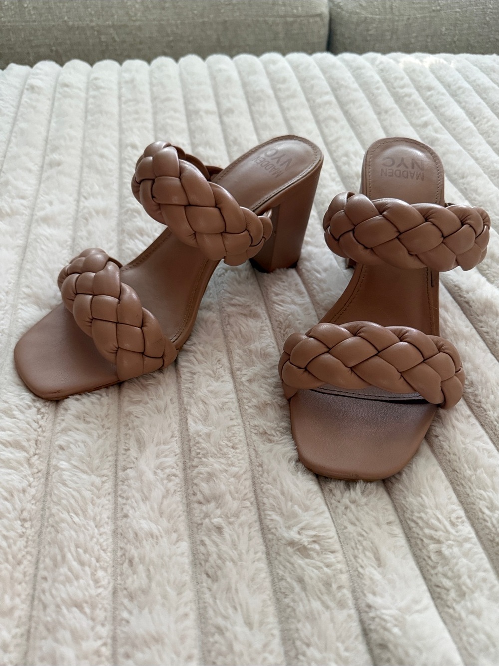 Braided Double-Strap Block Heel Sandals - Tan